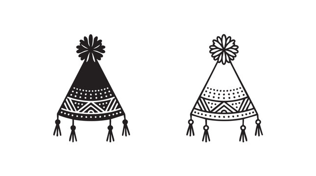 black silhouette with line art vector band caps featuring geometric patterns and tassels