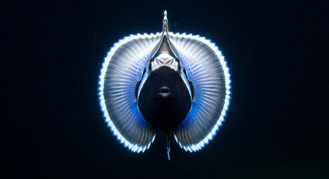 A deep sea midnight plume lanternfish with radiant silver bioluminescent edges surrounding a dense soot black core in dark oceanic water, liquid, close-up, scales