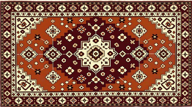Ethnic carpet design features traditional geometric shapes in red, brown colors. Seamless textile pattern displays repeating tribal motifs for home decoration fabric print. Oriental folk rug style
