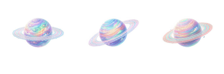 Pastel Holographic Planet Saturn with Rings Isolated on White Background PNG Set, Iridescent Space Graphic Design Element, Futuristic Astronomy Illustration © kulan