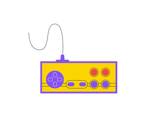 Retro cartoon joystick sticker in yellow with playful gamepad controller form. Video game console gadget shows classic videogame joy stick. Arcade theme, flat style, fun digital art for gamer © Moonnoon