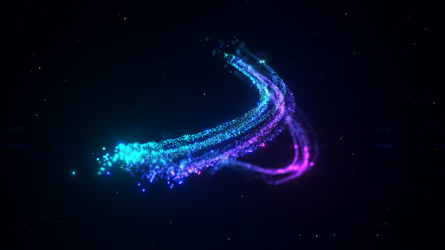 Abstract stream of glowing blue and purple light particles and fiber optic cables curving through a dark space with a sense of motion