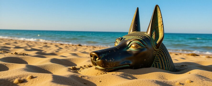 Ancient bronze Anubis statue head rests on golden sandy beach near blue ocean water. Egyptian jackal god sculpture sits in warm sunlight on tropical coast. Mysterious relic artifact afterlife,