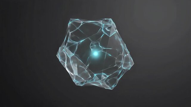 Abstract 3D Crystal Geometry Sphere with Glowing Core and Transparent Mesh