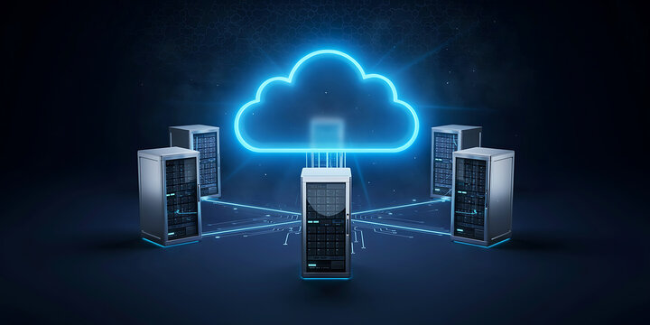 Glowing blue cloud connected to five server racks arranged in a circle on a dark background, representing cloud computing infrastructure
