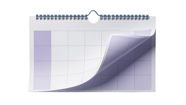 Isolated blank wall calendar with spiral binding, grid page, and page corner turned up