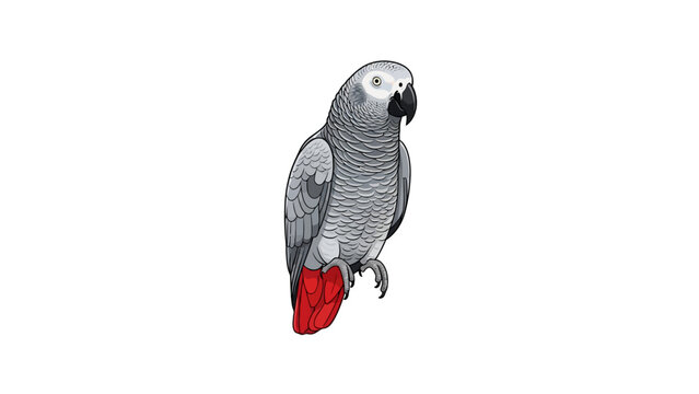 African Grey Parrot Vector Illustration with Red Tail Isolated on White