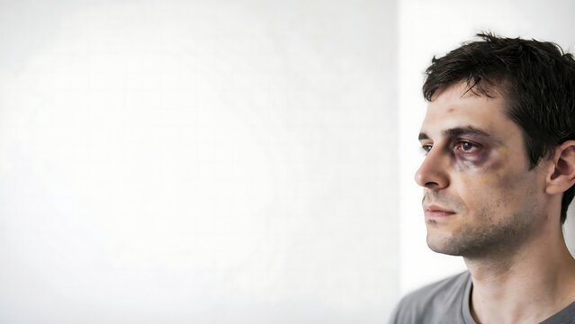 Sad young man with a black eye bruising on face looking away in profile against white background