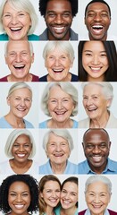 Obraz premium Vibrant collection of smiling expressions from global cultures, showcasing authentic joy and deep bonds in a warm photographic montage art, kindness, heritage, happiness