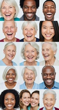 Vibrant collection of smiling expressions from global cultures, showcasing authentic joy and deep bonds in a warm photographic montage art, kindness, heritage, happiness