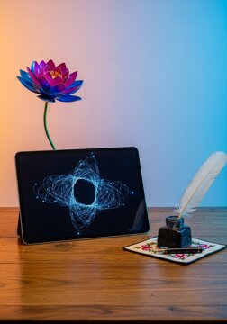 Radiant expression within a workspace blending traditional aesthetics and modern digital tools, highlighting innovative pride and creativity, craftsmanship, innovation, skill