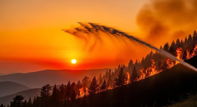 High-pressure water suppresses a blazing woodland wildfire on a steep mountain ridge under the intense orange glow of a dramatic sunset, environment, fire, response