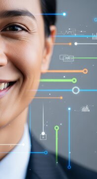 Warm professional smile expressing success and leadership within a modern digital office environment, symbolizing global commerce growth, global, goals, finance