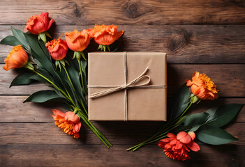 Obraz premium Craft paper gift box with natural twine and orange ranunculus flowers on a rustic wooden background, top view, Several vibrant orange ranunculus flowers with green stems and leaves are arranged