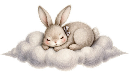 Isolated cute fluffy baby bunny rabbit sleeping peacefully on a soft whimsical cloud illustration
