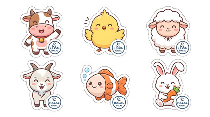 Fototapeta premium Cute animal halal sticker collection featuring cartoon cow chick sheep goat fish and rabbit icons for food certification