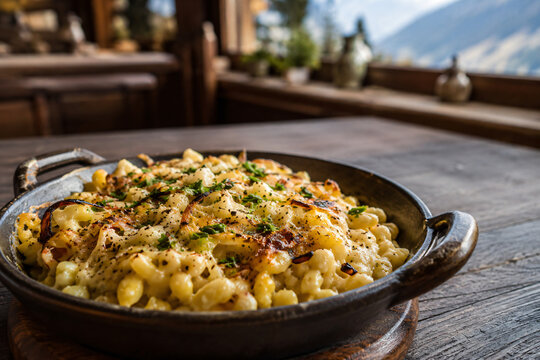German Kasespatzle Cheese Noodles with Caramelized Onions