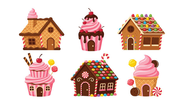 Gingerbread house and sweet candy cottage vector collection featuring colorful Christmas holiday treat illustrations isolated on white background