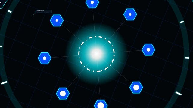 Futuristic HUD interface displaying a central glowing node connecting to peripheral hexagonal network nodes with data metrics changing from cyan to red system overload