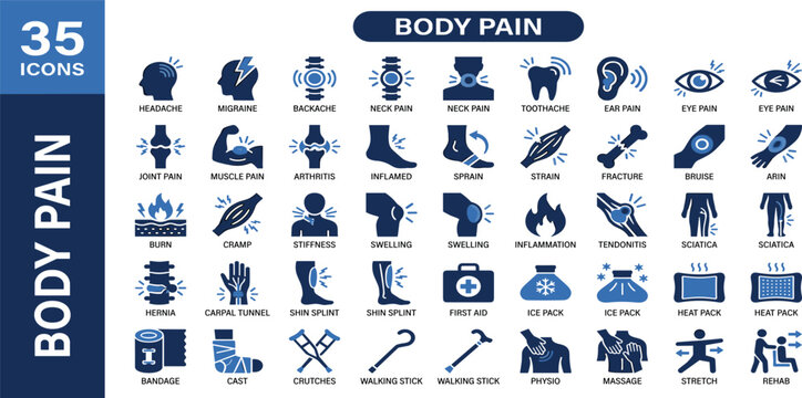 Body pain icon set for backache, headache, injury, muscle, teeth, ear,  and physical therapy symbols. Solid vector icon collection.