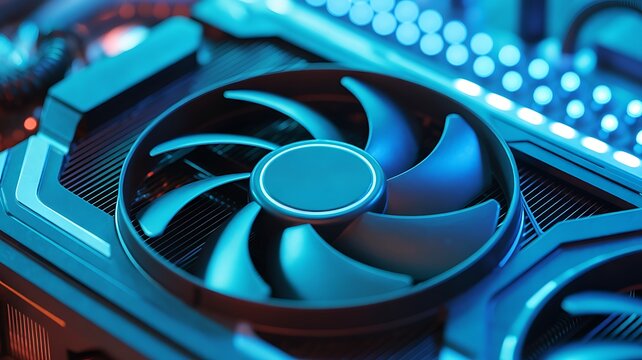 Close-up macro detail of a high performance computer graphics cooling fan system with vibrant blue and orange ambient lighting
