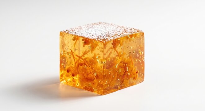 Gelatin cube is filled with edible flowers and gold leaf flakes october 14 national dessert day