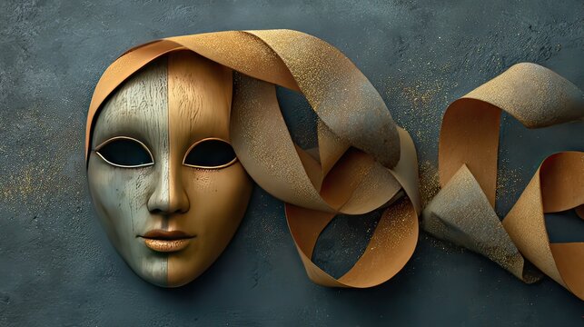 Artistic mask with flowing ribbons against a textured background, showcasing a blend of surrealism and elegance