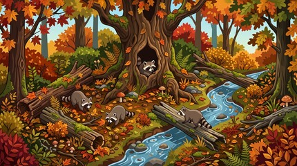 Obraz premium Woodland Raccoon Habitat with Stream and Hollow Tree
