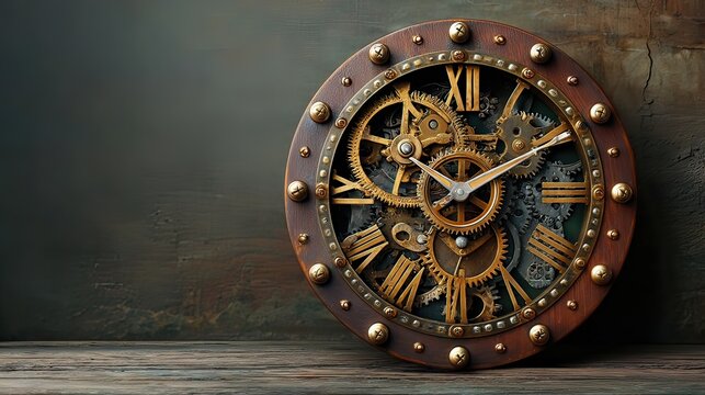 Vintage steampunk wall clock with intricate gears and Roman numerals against a textured background