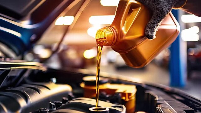 Gloved hand pouring golden motor oil from a bottle into a car engine during routine maintenance at an auto service garage
