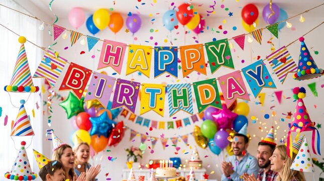 Festive birthday party decoration with colorful bunting garland, party hats, balloons, and family celebrating
Happy birthday banner background with vibrant party decorations, confetti, and friends ch