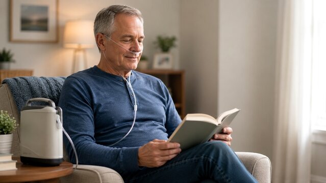 Patient seated comfortably at home receiving supplemental oxygen through nasal cannula connected to portable concentrator