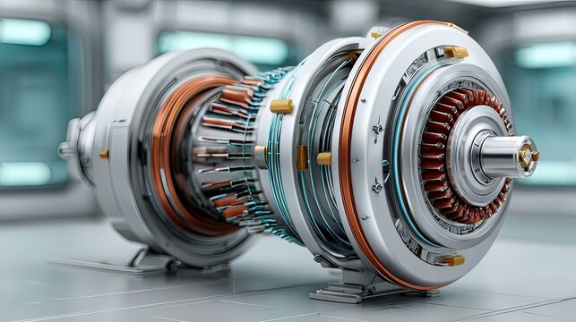 Advanced Engine Component with Metallic Textures and Intricate Wiring in a Modern Industrial Setting