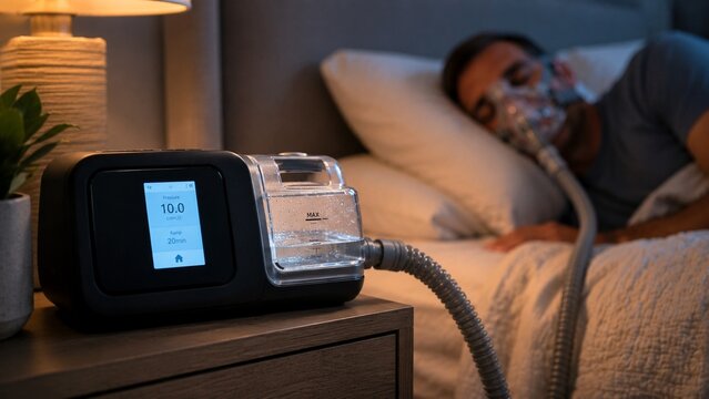 Close-up of CPAP machine connected to heated humidifier and tubing during overnight therapy