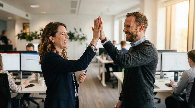 Colleagues celebrating success with a high five in a modern office environment