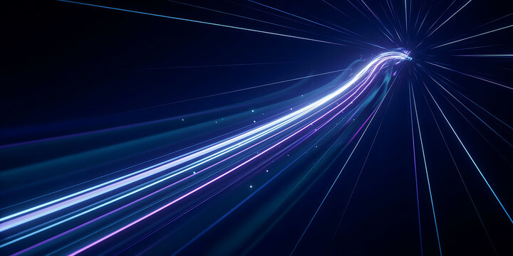 Speed light trails and glowing blue energy streaks moving towards a central point on a dark background, for motion concepts