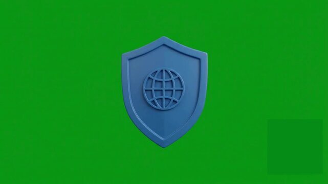 Cybersecurity shield with globe icon on green screen, 3D blue security shield for data protection, global network safety and privacy concept