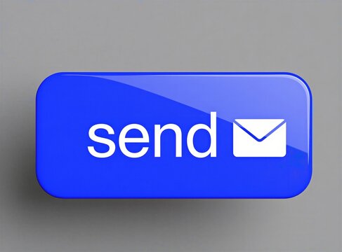 Blue glossy button with white text, envelope icon on gray background. Digital web interface element for sending electronic mail messages online. Computer software user interaction tool for data