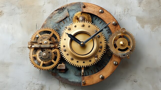 Vintage Clock with Exposed Gears and Timeless Charm in Rustic Wood and Brass Design, Perfect for Classic Decor