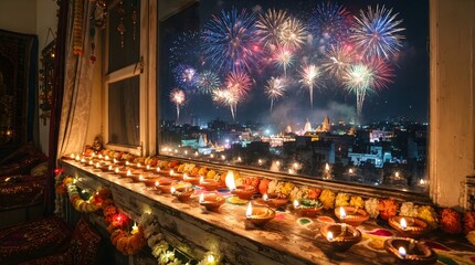 Obraz premium Fireworks Display Seen Through Window Decorated with Glowing Clay Diyas and Marigold Flowers for Diwali Festival