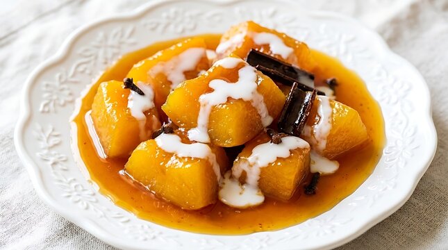 Traditional Mexican Calabaza en Tacha Candied Pumpkin Dessert Drizzled with Sweet Cream and Spiced with Cinnamon on a Plate