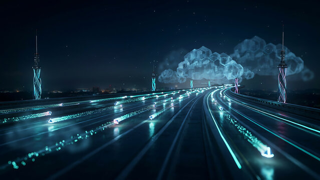 Futuristic highway with glowing neon light trails representing data flow moving towards a digital cloud structure in a dark night landscape