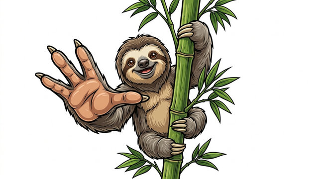 Cute sloth waving on a bamboo branch. Friendly animal illustration on white background.
