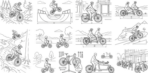 Obraz premium Cycling Activities and Bicycle Line Illustration Collection with Mountain Road and Urban Riders
