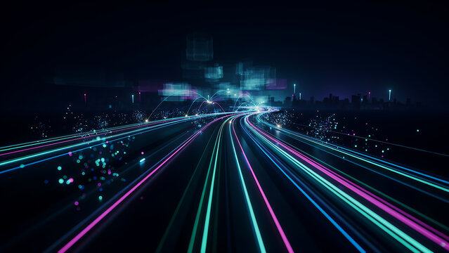 Abstract digital highway of glowing neon light trails representing speed data transmission through a dark virtual cyberspace environment