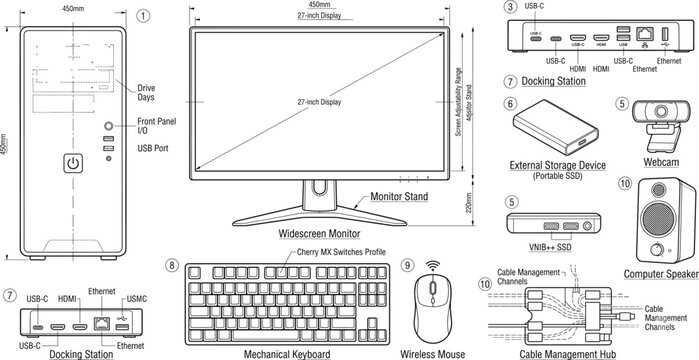 Computer Workstation Line Illustration Collection with Desktop Accessories and Office Hardware Devices