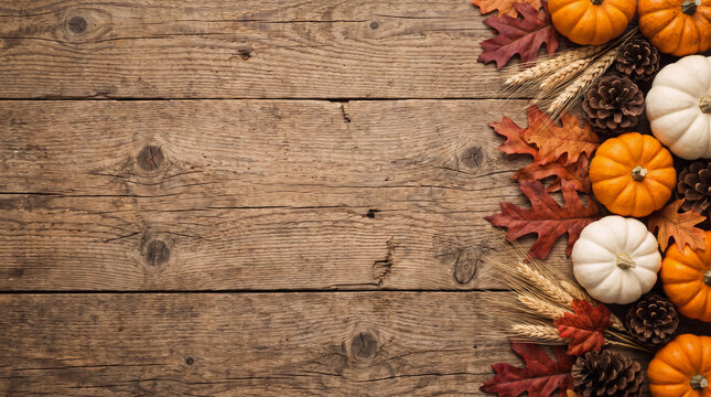 Thanksgiving Autumn Harvest Day orange and white pumpkins wheat pine cones and colorful fall leaves arranged as a righborder on rustic wood table background with copy space for farmhouse banner design