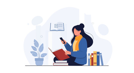 Fototapeta premium Modern Woman Reading Book and Using Smartphone, Studying or Relaxing with Online Content