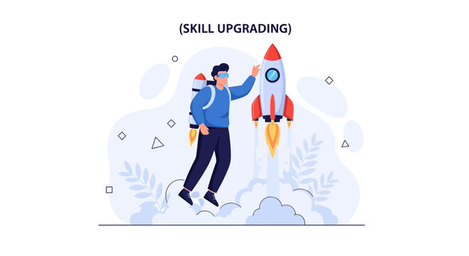 Person with Jetpack and Rocket Symbolizing Skill Upgrading and Career Growth, Vector Illustration