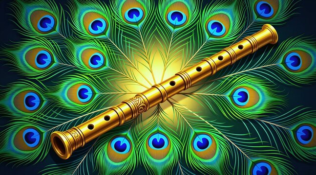 Golden flute rests on vibrant peacock feathers radiating light. Symbolizes divine music, spirituality, and Hindu culture. Represents melody and devotion.